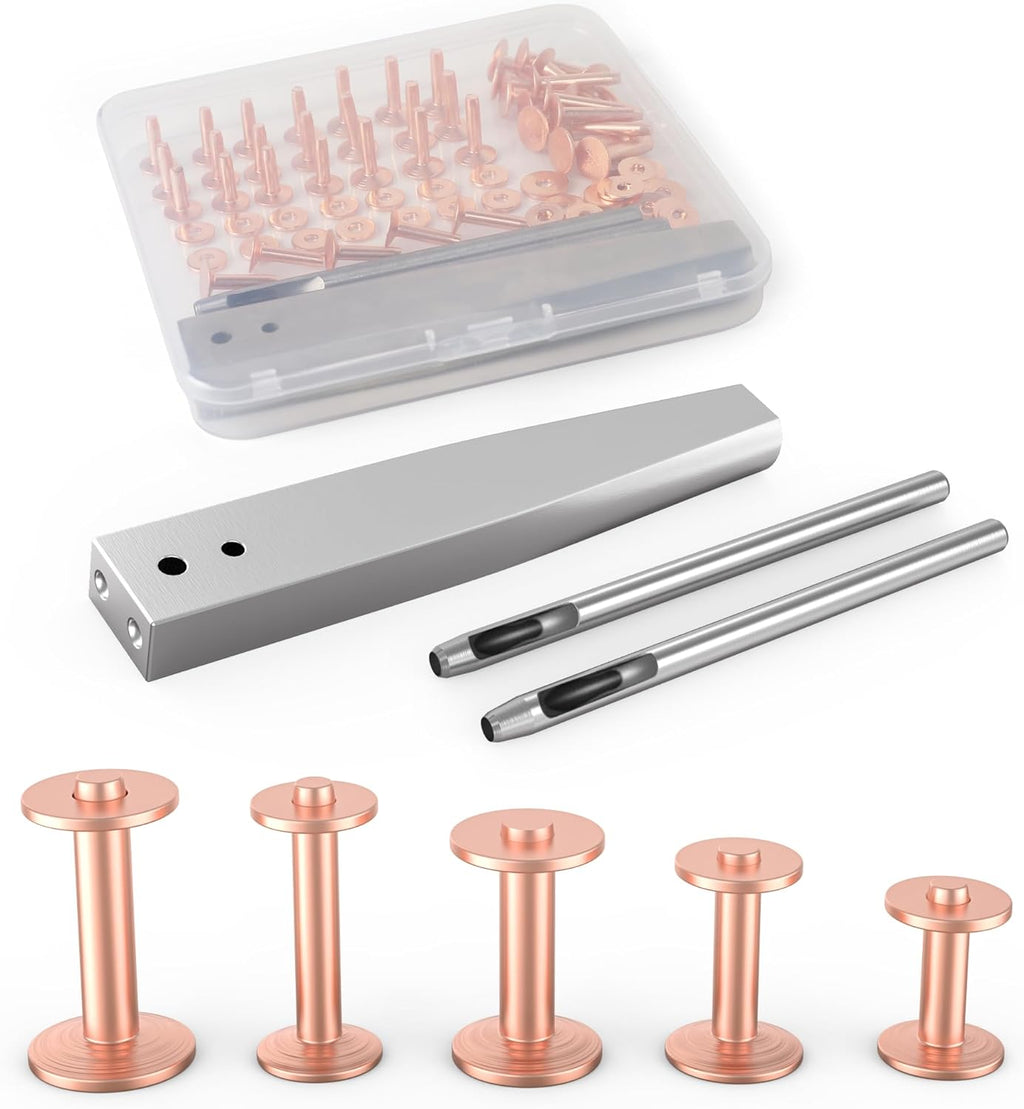 Funria 104PCS Copper Rivets for Leather 5 Size of Copper Rivets and Burrs Leather Rivets Kit with Setter Tool Rivets Fastener and Punch Leathercraft Supplies for Belts Wallets Collars DIY (50 Sets)