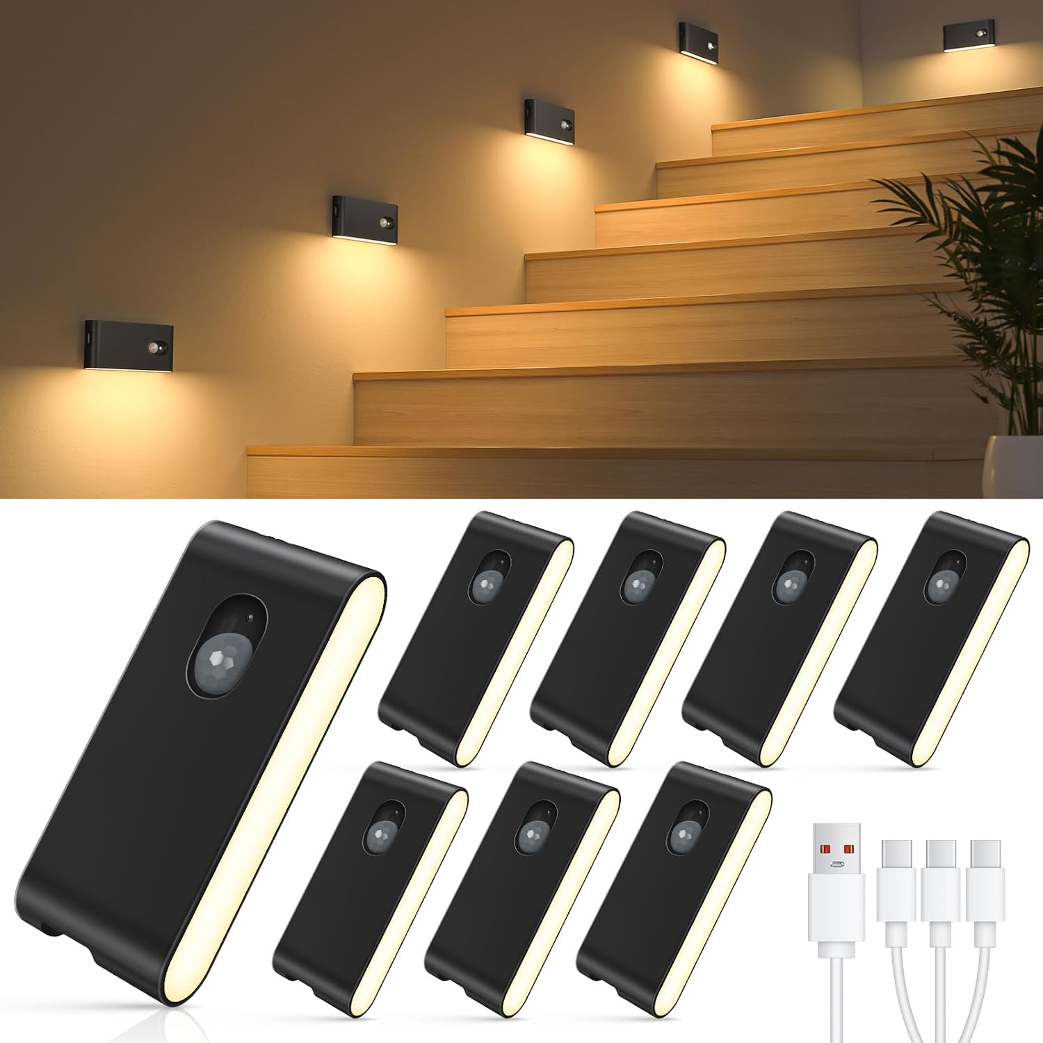 WILLED Stair Lights Indoor,Warm White Rechargeable Night Light,Wireless Motion Sensor Night Light,Battery Stick On Lights for Stairway,Hallway,Kitchen,Closet,Cabinet,Bedroom,Kids' Room(4-Pack)