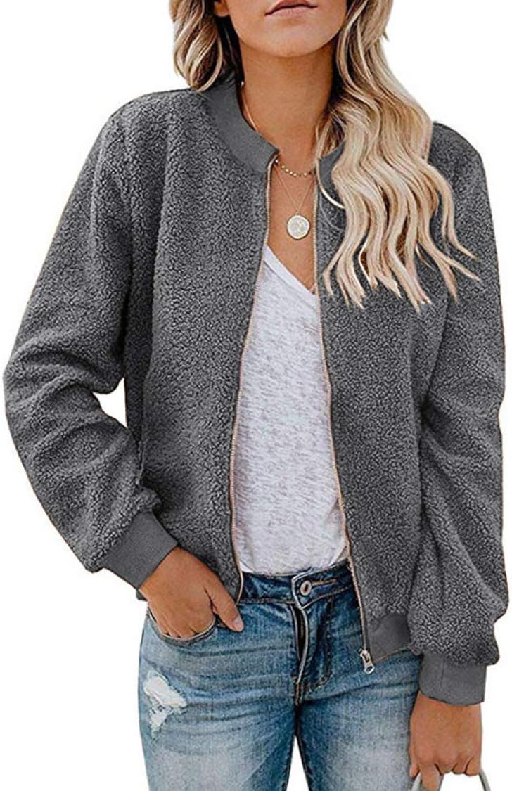 MIROL Women's Fall Fleece Bomber Jacket Trendy Sherpa Winter Coat Fuzzy Casual Long Sleeve Zip Up Loose Fit Jackets