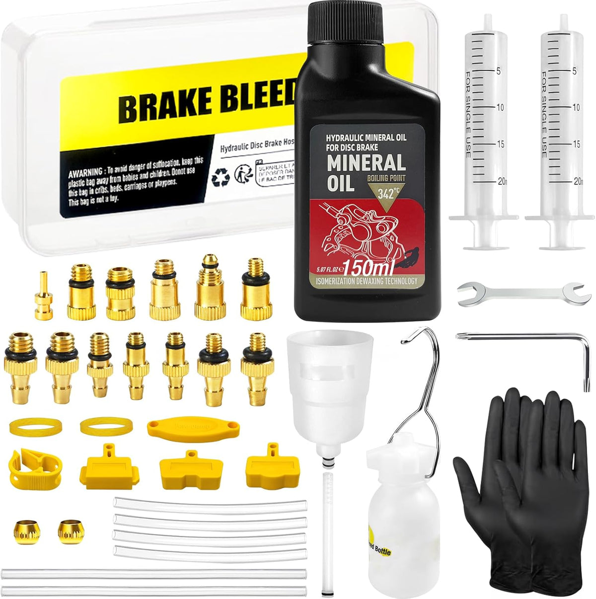 Brake Bleed Kit for Shimano, TEKTRO, TRP Hydraulic Disc Brakes, Bike Brake Bleed Kit with Brass Connector, 150 ML Mineral Oil Brake Fluid