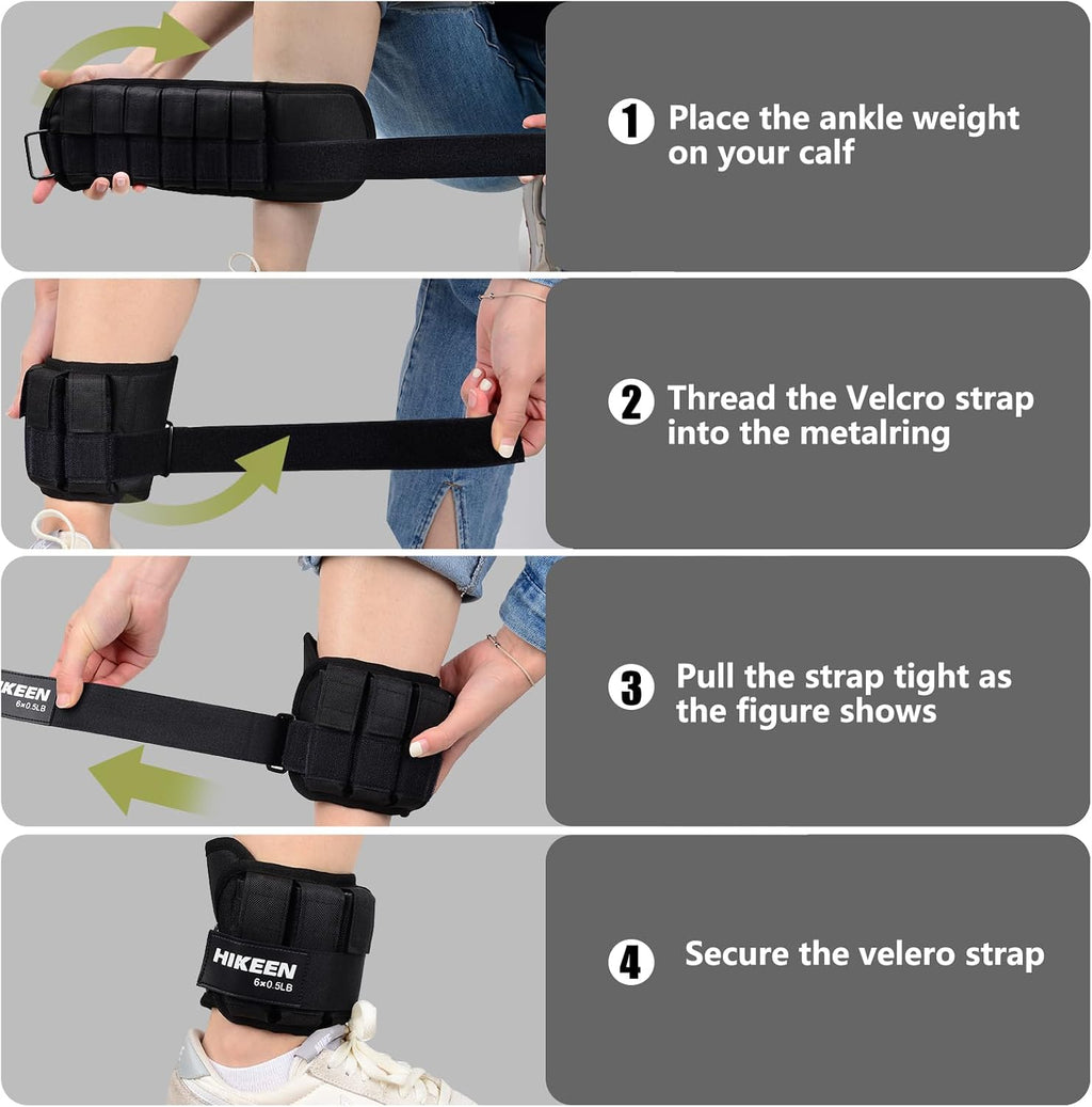 Hikeen Ankle Weights for Women Men 1 pair Adjustable Ankle Weights 1 2 3 LBS Metal Block with Separate Pockets Leg and Hand Weights For Walking Running Exercises