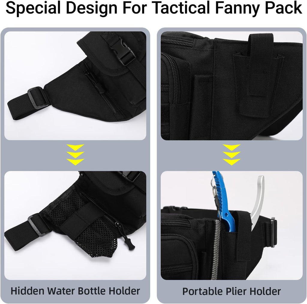 Tactical Fanny Pack For Men, Military Waist Bag Adjustable Hip Belt BumBag EDC Bags for Outdoor Fishing Hiking Hunting with Bottle Holder Pouch and US Flag Patch (Black)