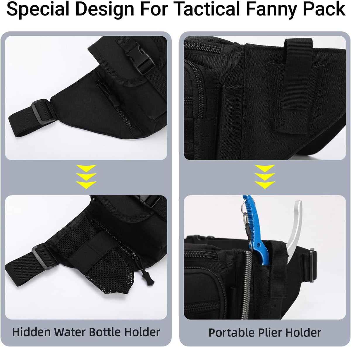 Tactical Fanny Pack For Men, Military Waist Bag Adjustable Hip Belt BumBag EDC Bags for Outdoor Fishing Hiking Hunting with Bottle Holder Pouch and US Flag Patch (Black)