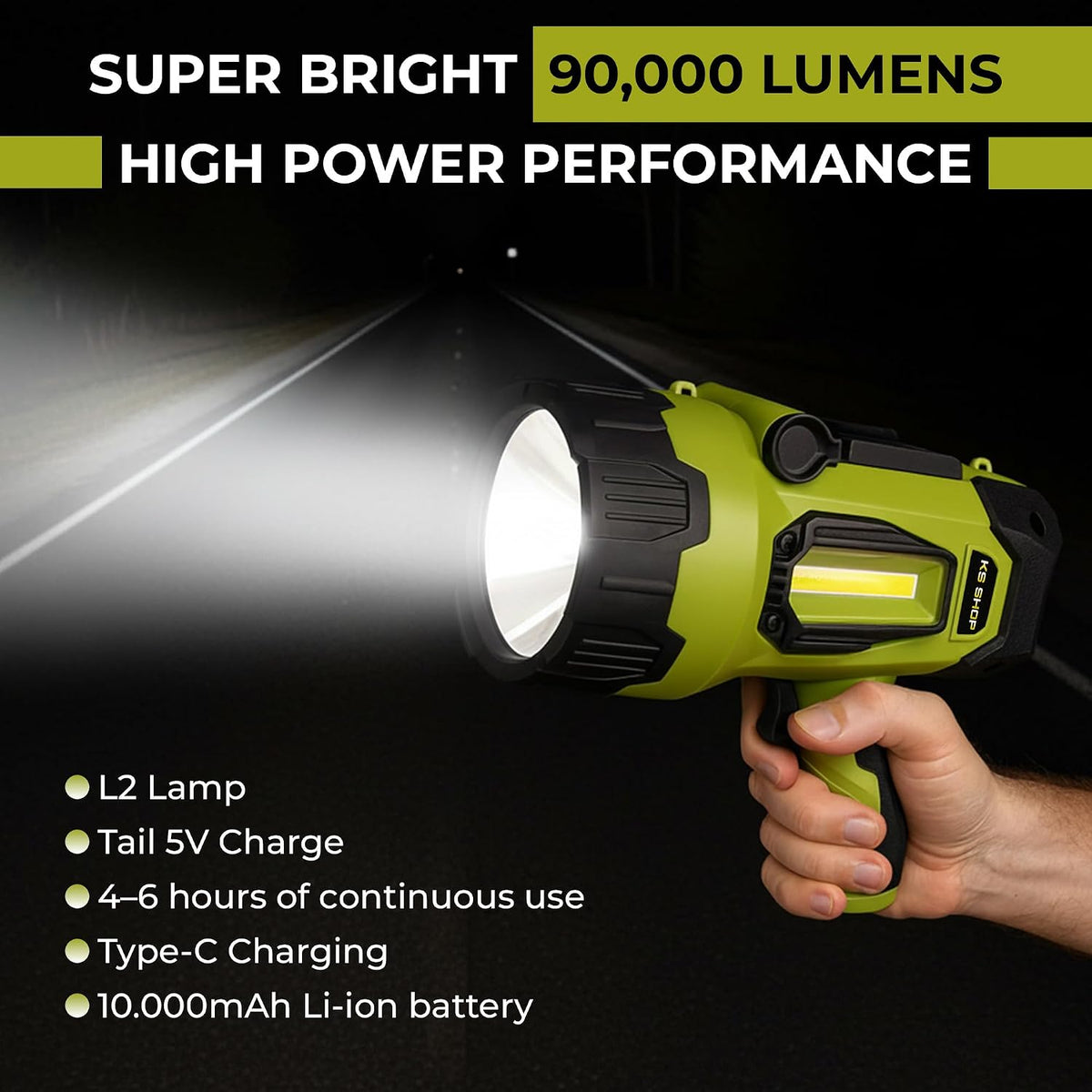 Camping Lantern Rechargeable - Led Spotlight Flashlight 200,000LM With 10,000mAh (6 To 12 Hours Of Runtime) - Usb-c Fast Charging- Outdoor Handheld Spotlight For Camping, Flash Lights For Emergency