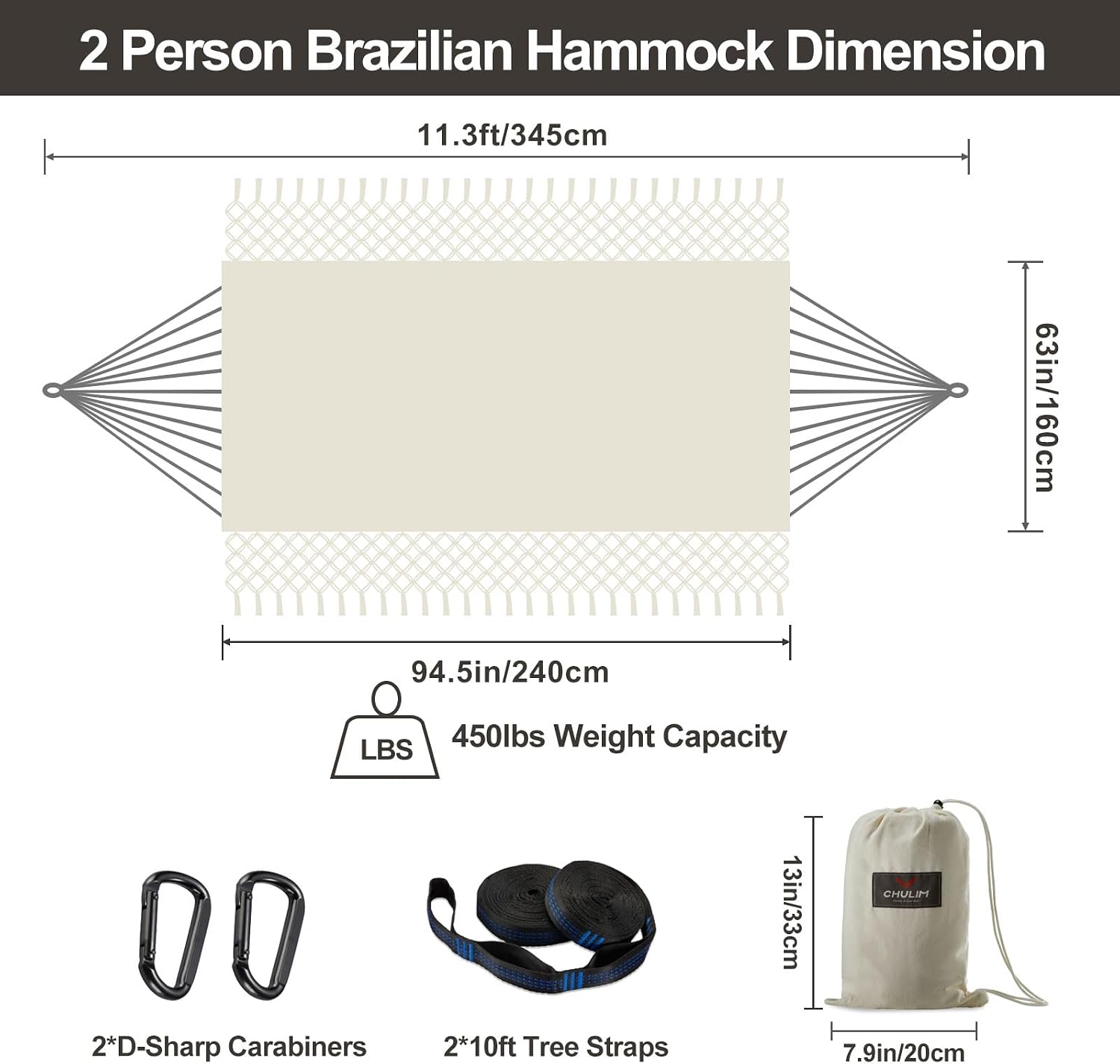 Brazilian Double Hammock with Tree Straps, Extra Large, 450 lbs Capacity