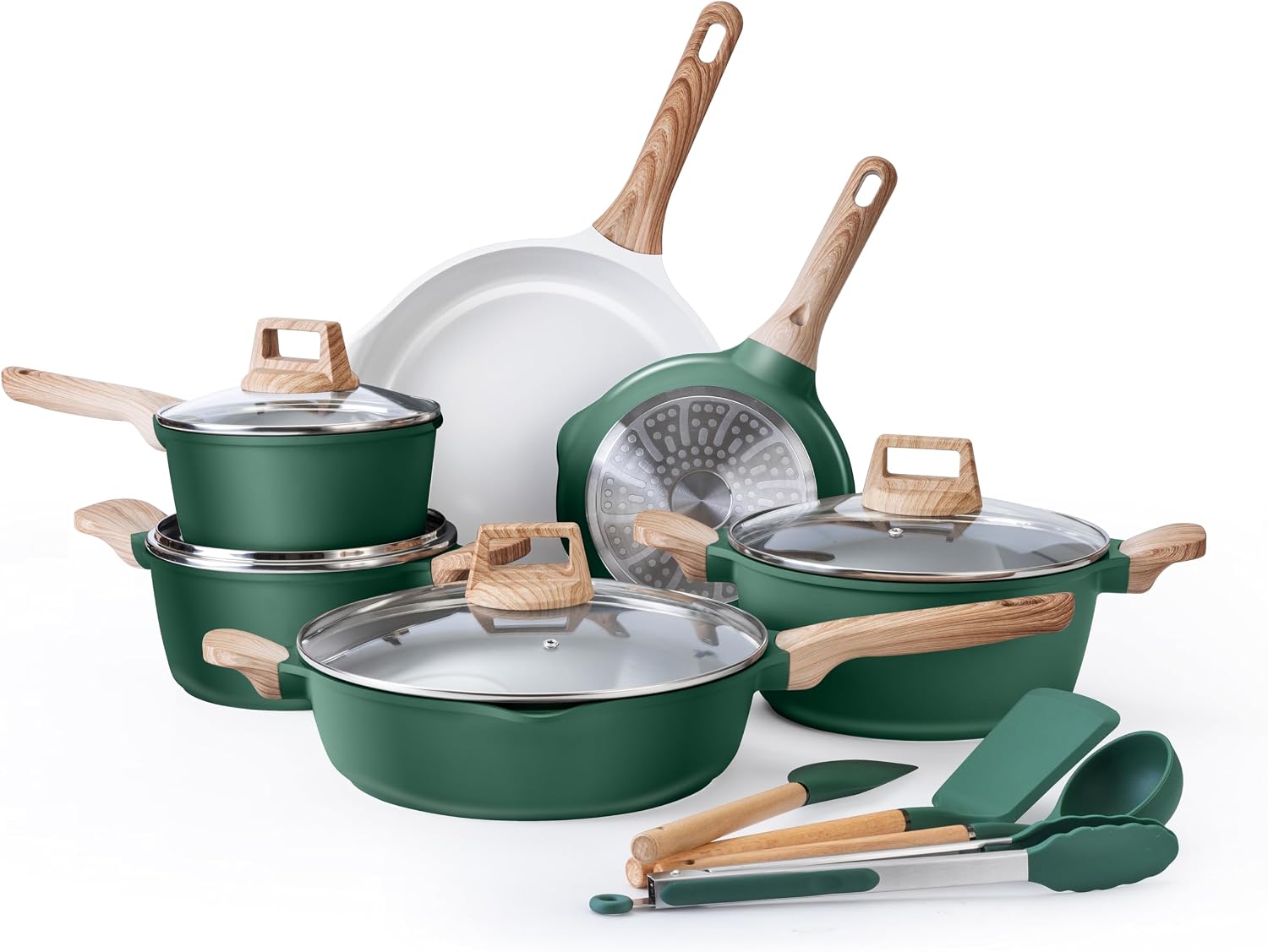 Country Kitchen Pots and Pans Set Nonstick, Cast Aluminum Kitchen Cookware Set with Utensils, 14 Pcs Non Stick Cooking Set w/Frying Pans & Saucepans, Sage