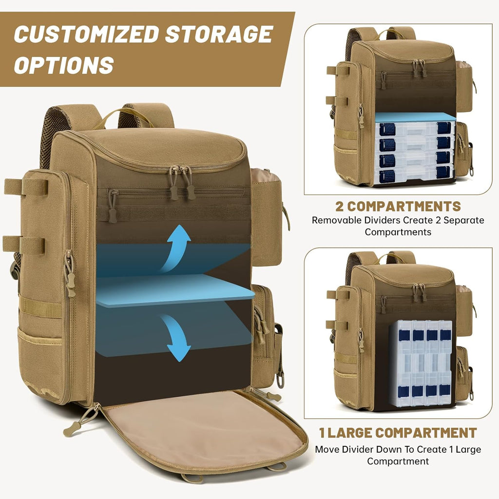 40L Tackle Fishing Backpack with 2 Rod Holders, Fits 4 3600 Trays