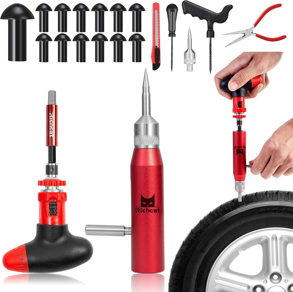 Richcat Tubeless Tire Puncture Repair Kit with Mushroom Plug, Repairs punctures and Flat Tires for Motorcycles, Cars, Trucks, ATVs and Tractors