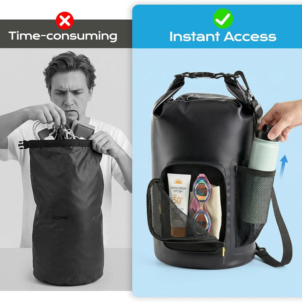Rynapac 10L Waterproof Dry Bag with Bottle Holder & Mesh Pocket, 500D PVC Tarpaulin Roll Top Dry Sack with Inner Waterproof Adsorption Film, Dry Storage Bag for Kayaking, Boating, Beach, Camping