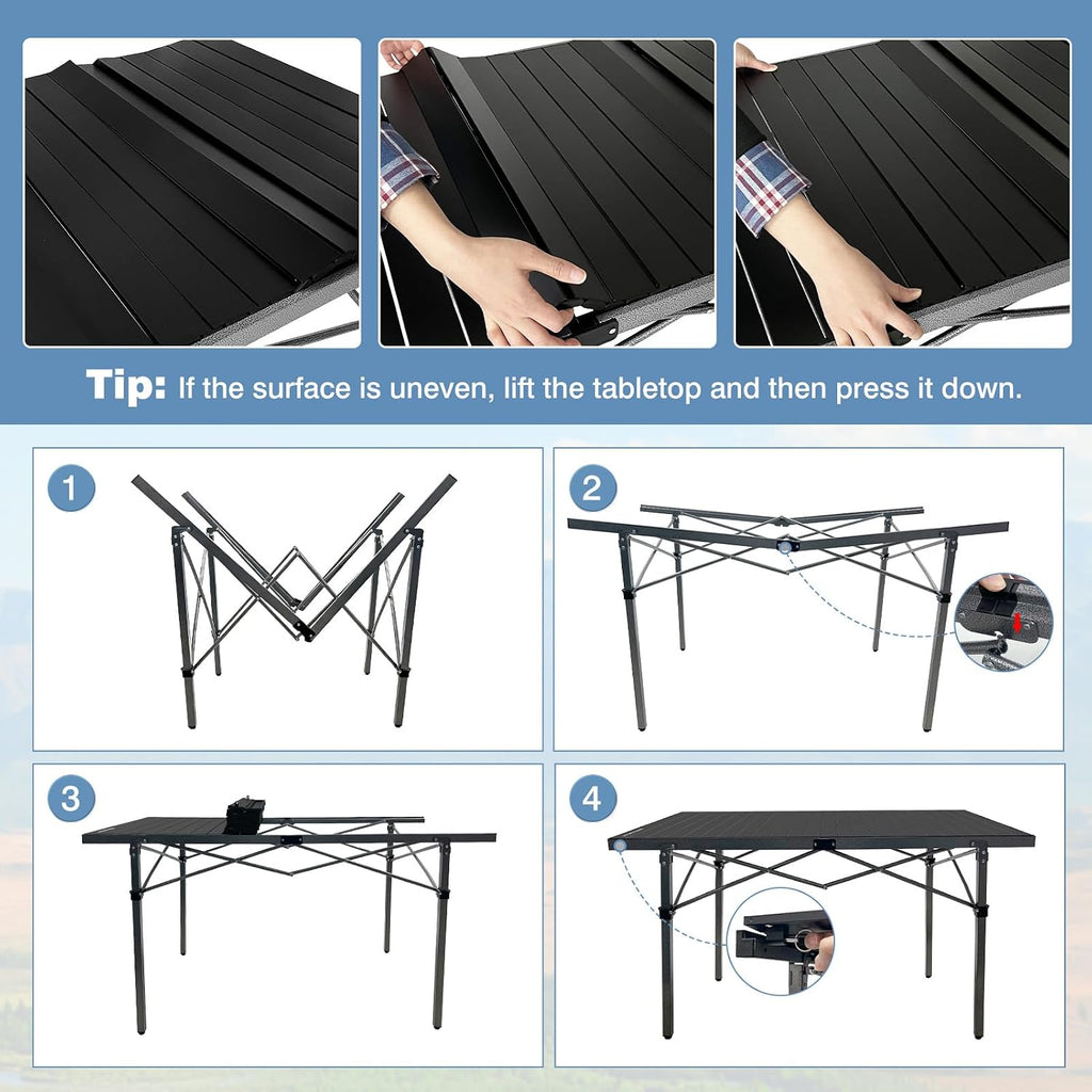 29.9" Tall Folding Camping Table for 2-6 Person, 54.7" Large Aluminum Foldable Roll-up Table Outdoor with Carry Bag for Picnic, Camp, Sturdy, Backyard, Patio