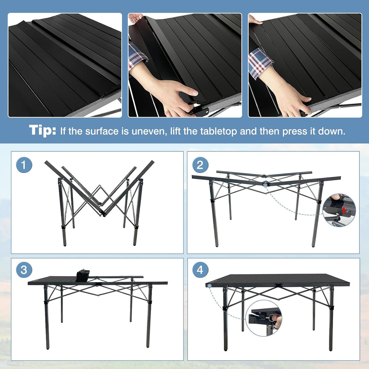 29.9" Tall Folding Camping Table for 2-6 Person, 54.7" Large Aluminum Foldable Roll-up Table Outdoor with Carry Bag for Picnic, Camp, Sturdy, Backyard, Patio