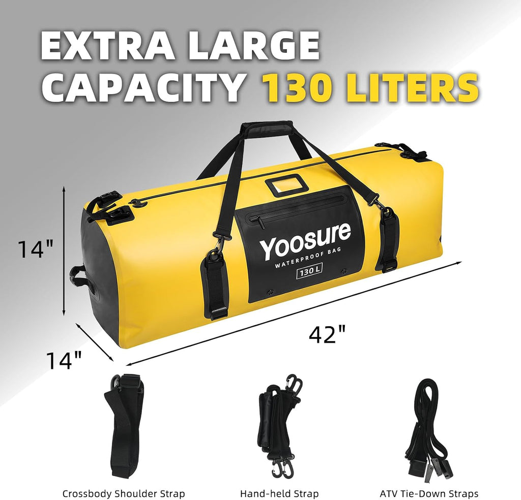 130L Waterproof Duffel Bag, Heavy Duty Dry Bag with IPX7 Airtight Zipper, 700D PVC Extra Large Cargo Duffel with Straps for Camping, Boating, Kayaking, Roof Rack & Truck Bed