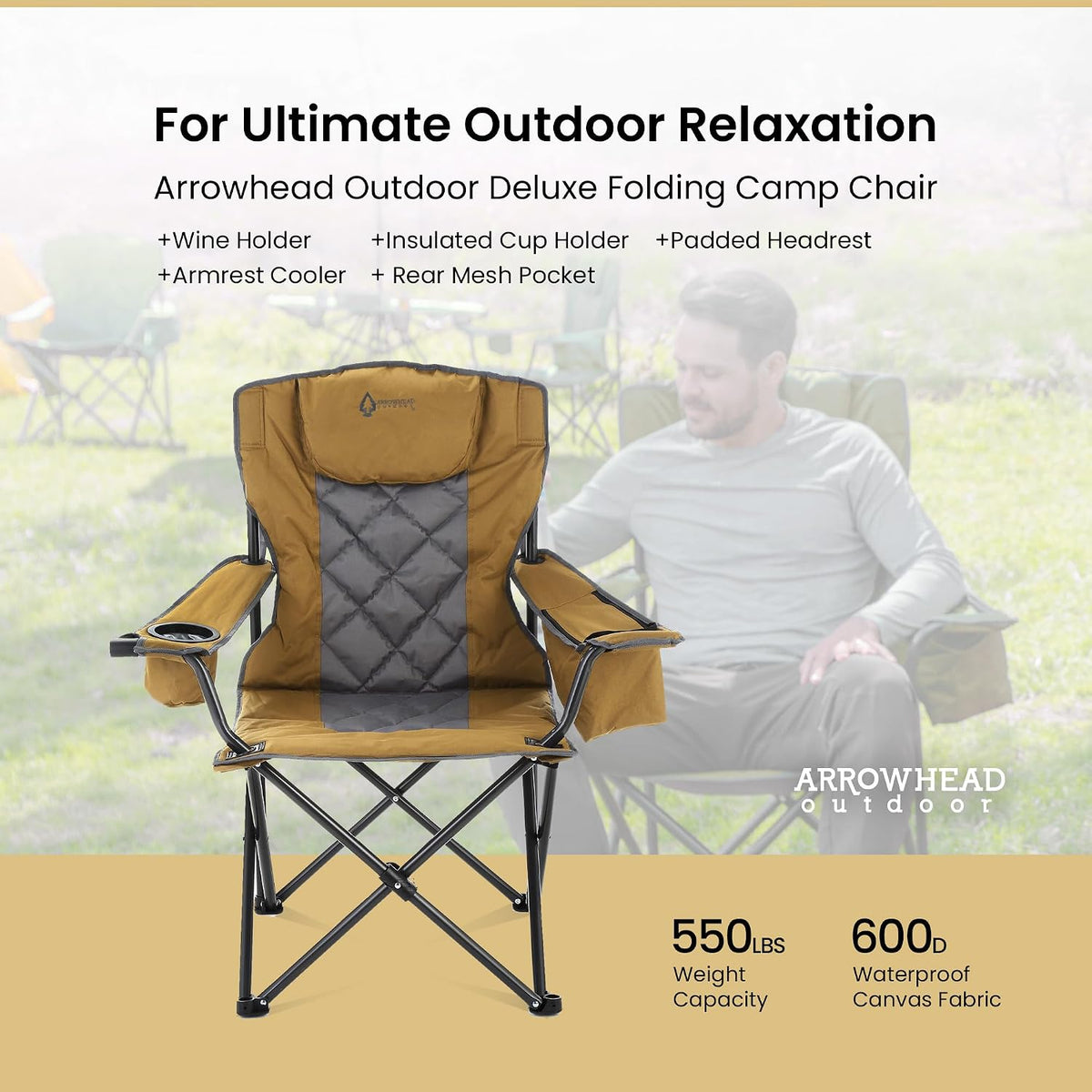 ARROWHEAD OUTDOOR 2PK Portable Deluxe Folding Camp Quad Chair, Headrest