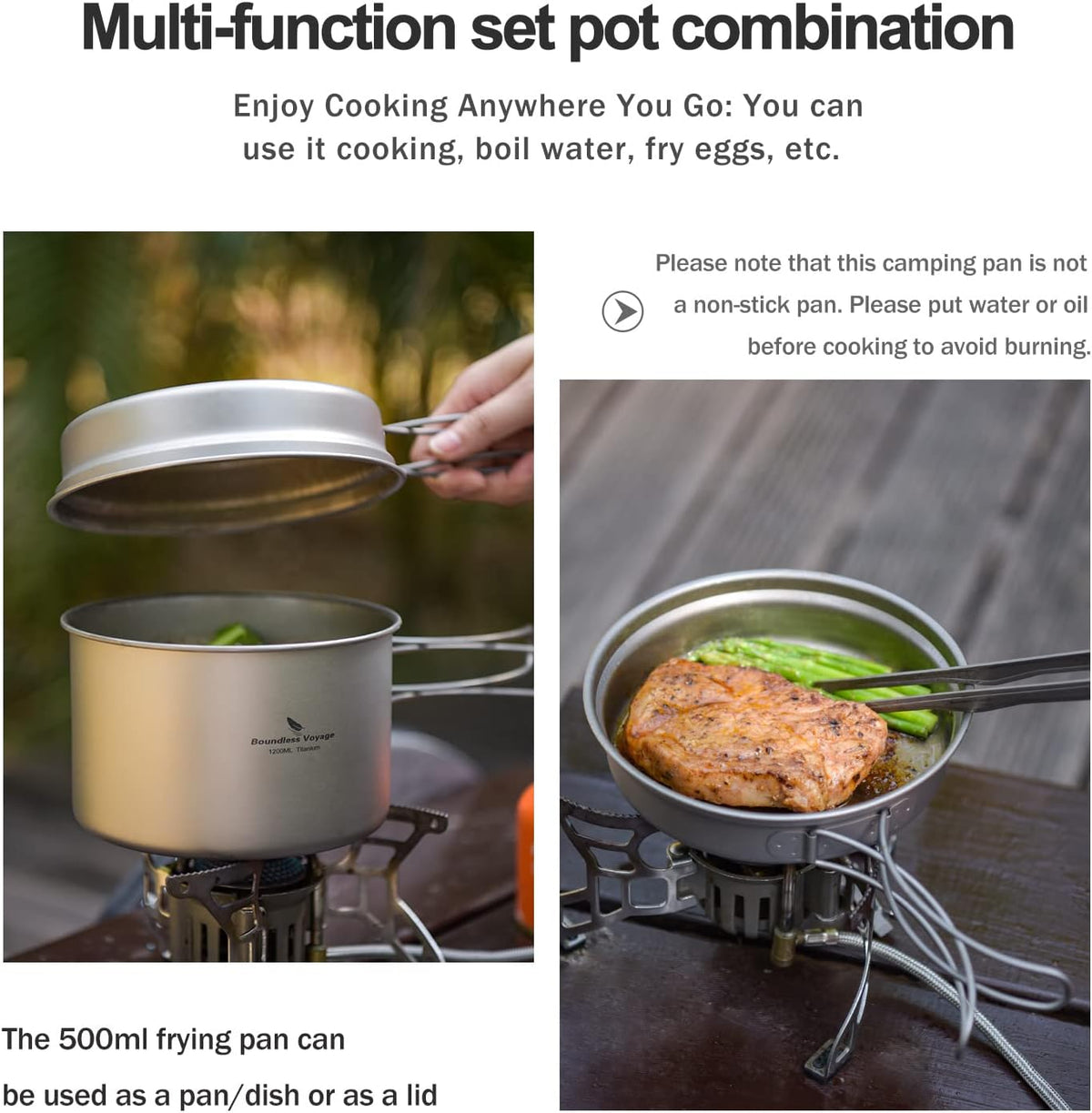 Boundless Voyage Outdoor Titanium Pot with Pan Set with Collapsible Folding Handle for Outdoor Camping Cooking Hiking Backpacking Portable Cookware