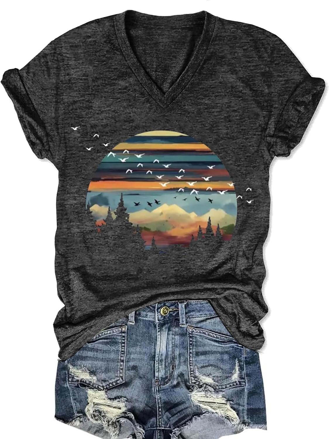 Vintage Boho Tops for Women V-Neck Flowers Shirt Spring Graphic Tees Floral Print Summer Casual Short Sleeve Tshirt Top