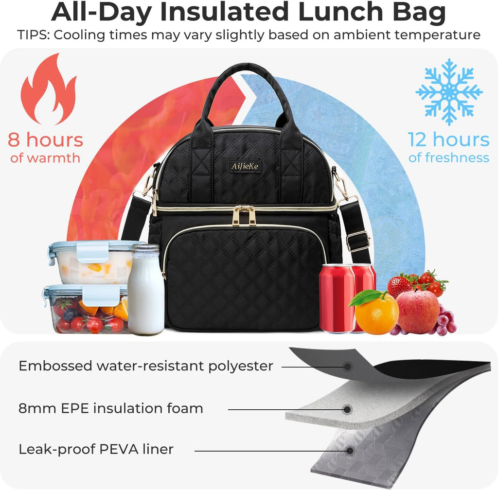 AIJIEKE Insulated Lunch Bag for Women, Double Deck Work Lunch Box, Green
