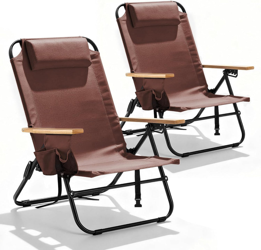 2 Pack Premium 5-Position Reclining Camping Chair - Portable Folding Lightweight Outdoor Chair with Wooden Armrests, Headrest & Pockets, 350lbs Heavy Duty for Beach, Patio, Backyard, Coffee