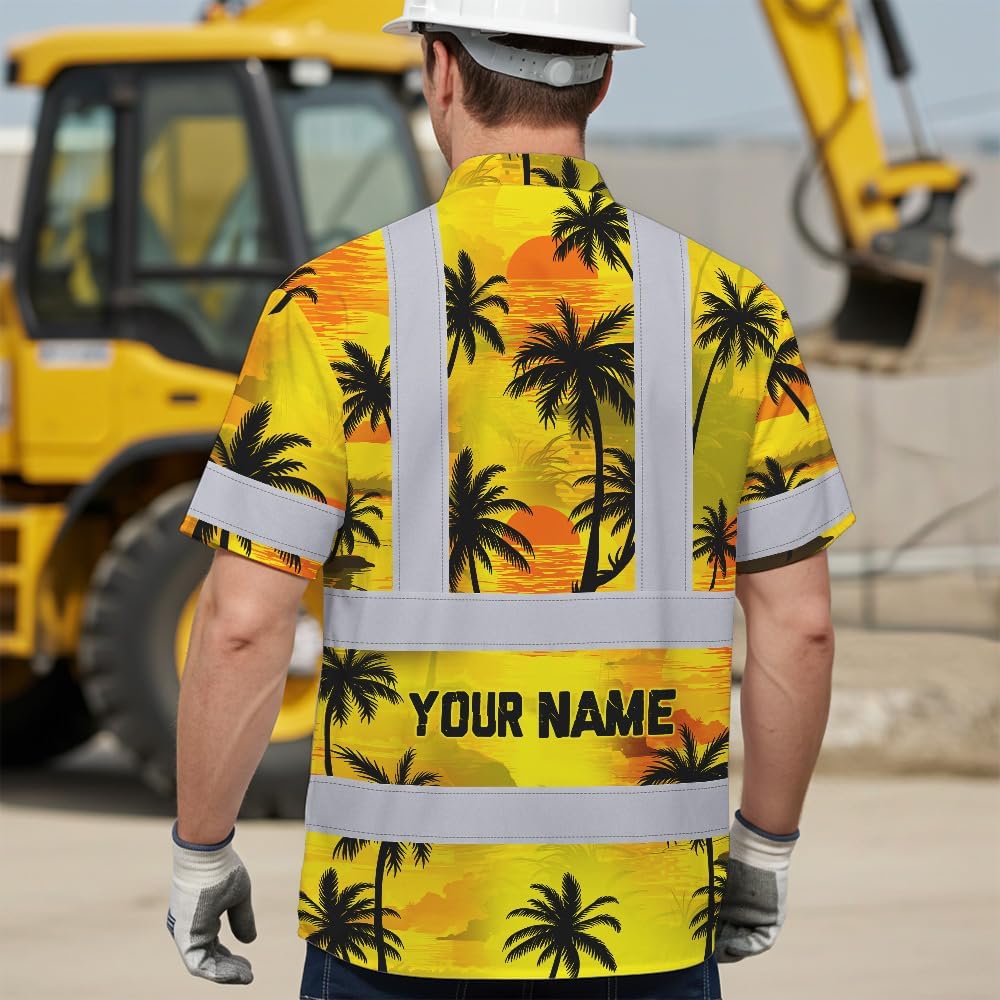 High Visibility Hawaiian Shirt for Men Tropical Shirts Custom Name Floral Outfit Reflective Safety Workwear