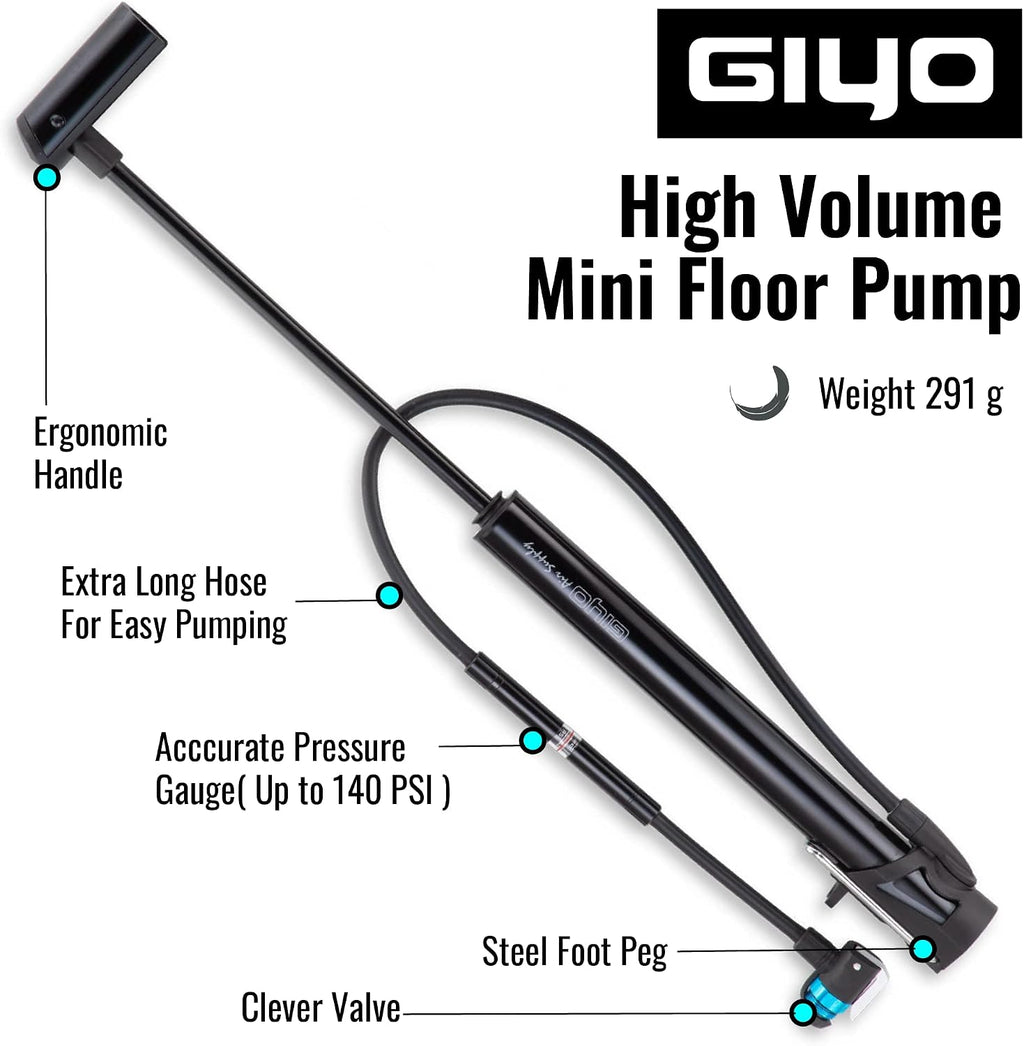 GIYO Bike Frame Floor Pump - Compact & Durable, Fast Tire Inflation for Road & MTB - Presta/Schrader, Max 140 psi - Small Pump with Gauge (GM631)