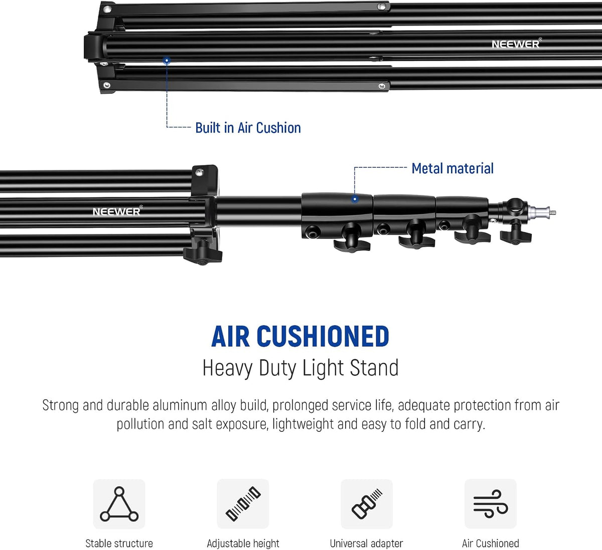 NEEWER 13ft/400cm Air Cushioned Light Stand, Heavy Duty Metal Photography Tripod Stand with 1/4” to 3/8” Reversible Screw Adapter and 3 Way Mounting Interface, Load Capacity: 6.5lb/3kg, ST-400AC