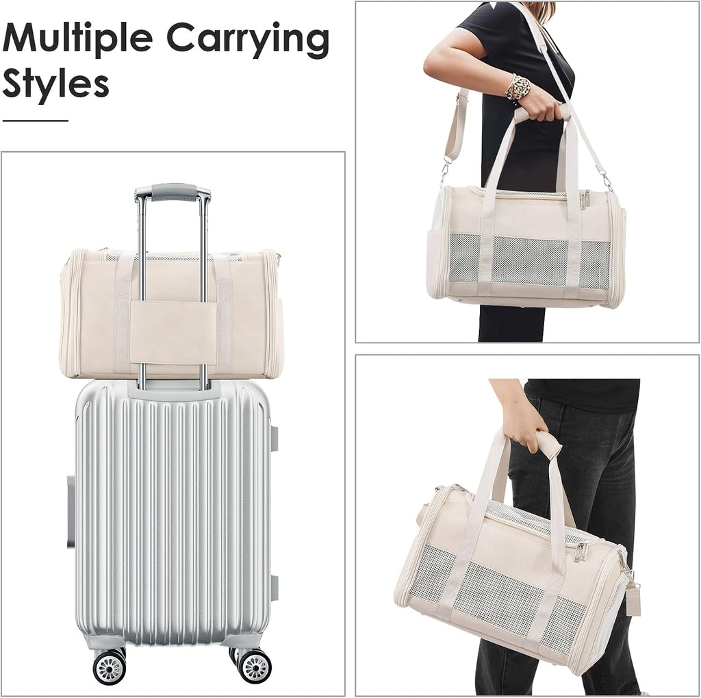 Fashion Leather Dog Carrier, Airline Approved Cat Carrier Soft Sided Pet Bag Carrier Purse for Puppy Kitten Small Animals White