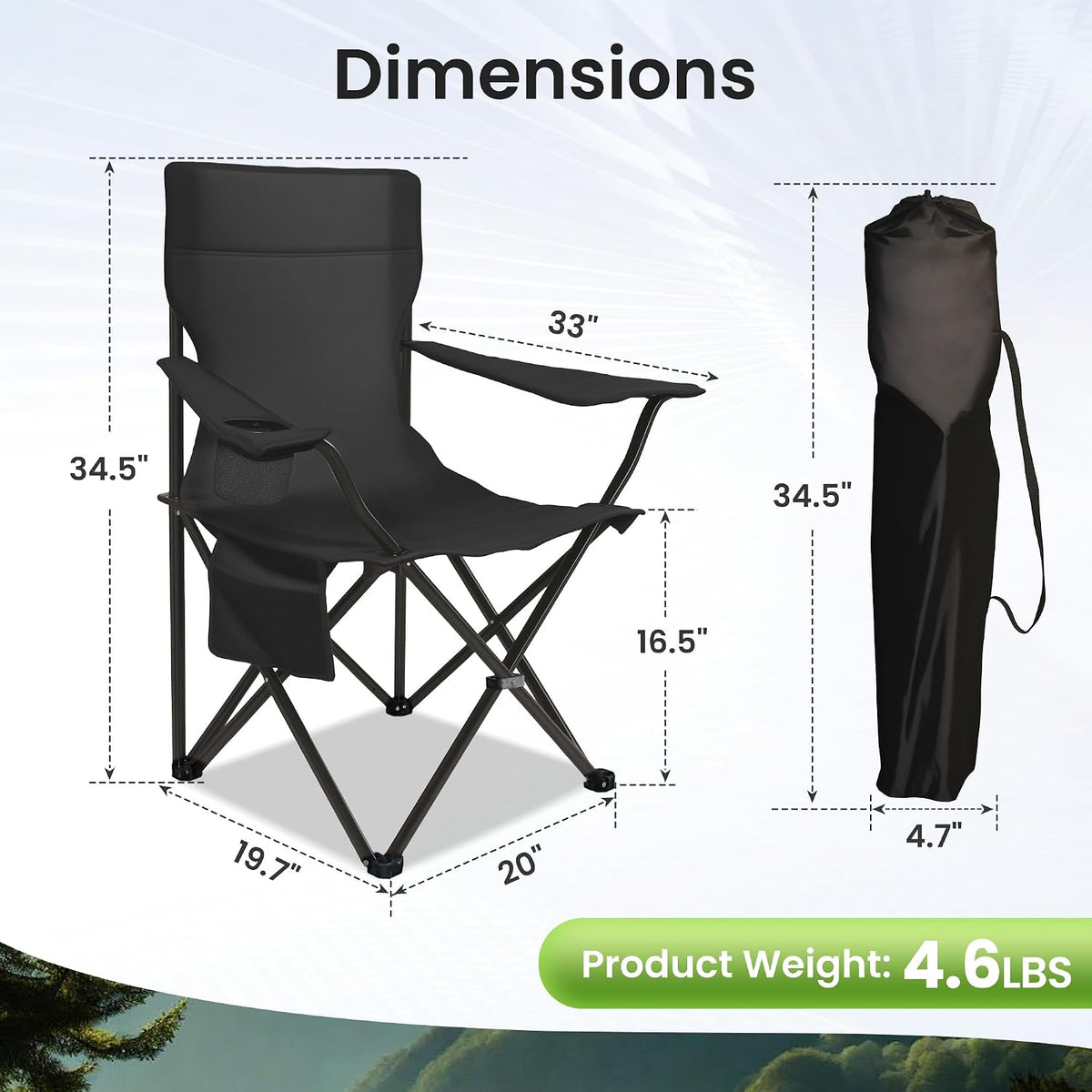 Camping Chairs for Adults 2 Pack, 300LBS Heavy Duty Reinforced Steel Portable Folding Chairs, Ergonomic High Back Outdoor Chair with Cup Holder & Side Pocket, Lightweight Set for Beach Picnic, Black
