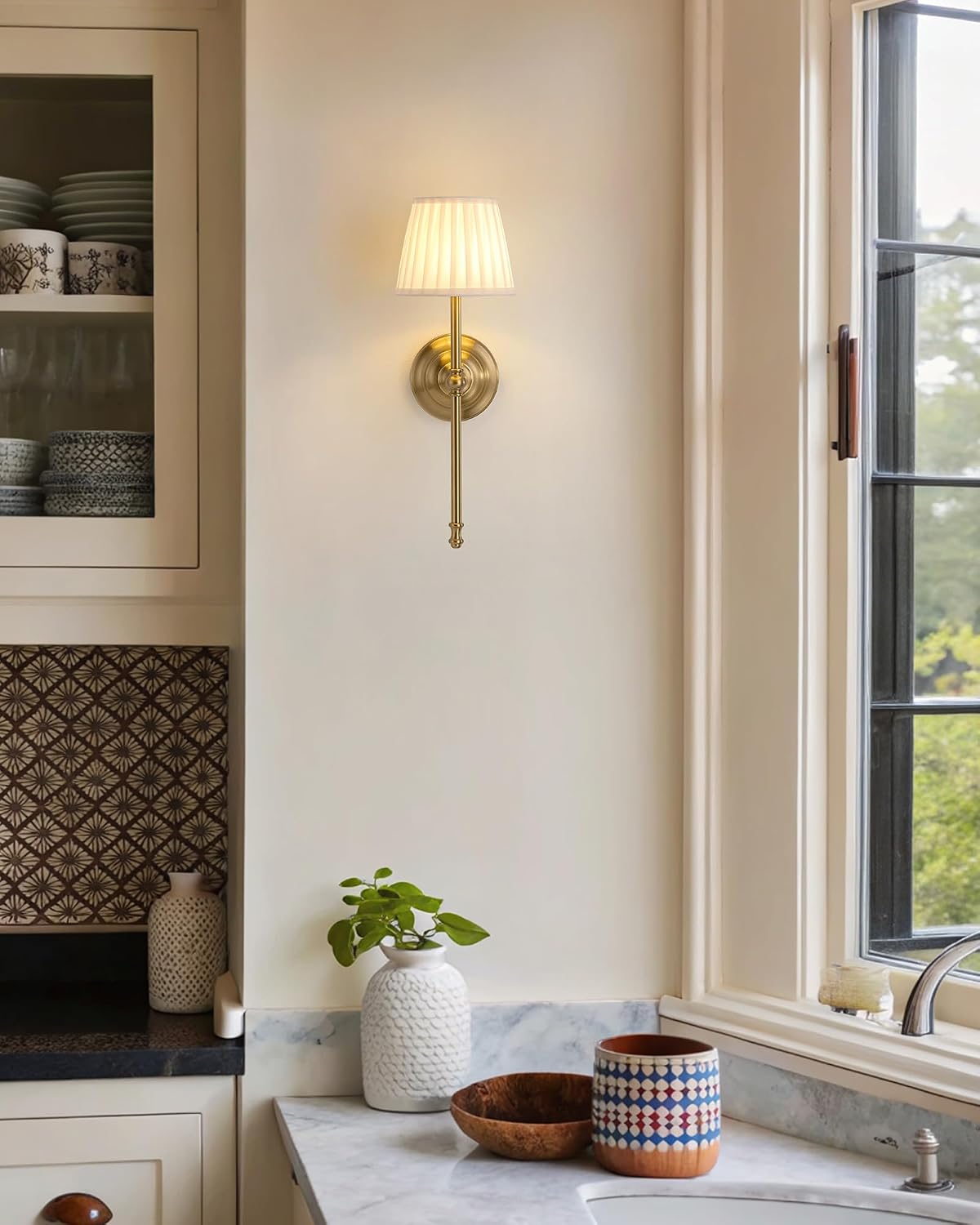 KDG Gold Cordless Wall Sconces Set of 2, Beige Fabric LED Wall Lamps