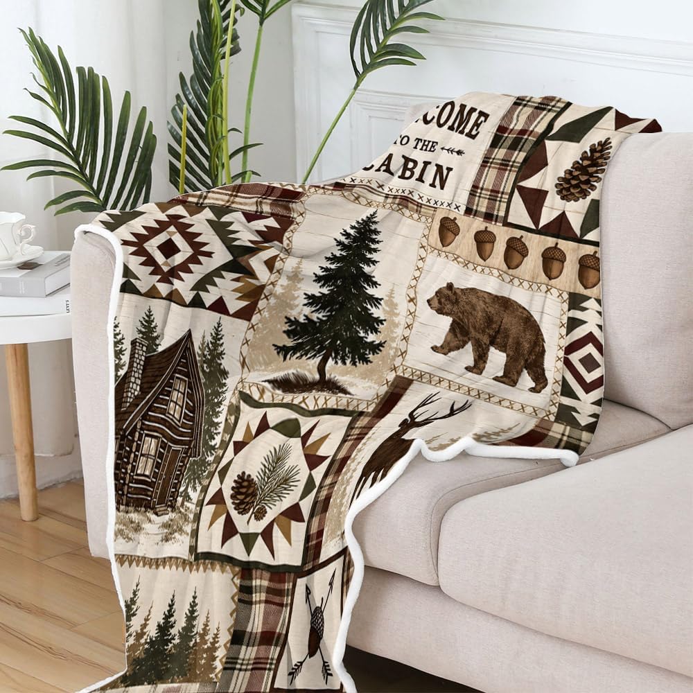 Rustic Cabin Throw Blanket, Welcome To The Cabin Moose Bear Plaid Decor