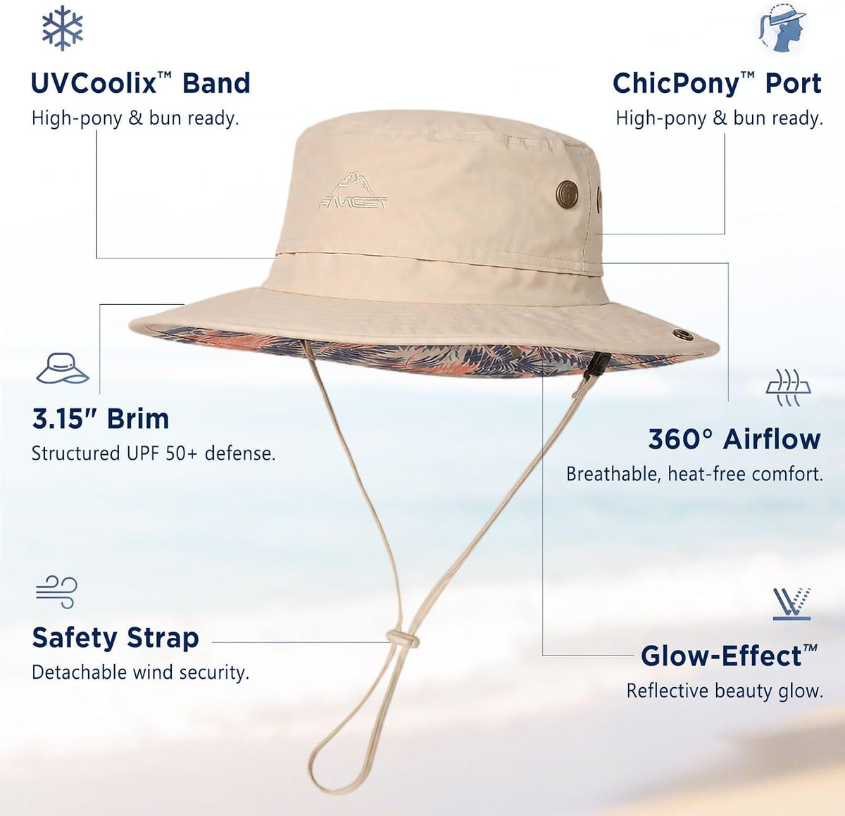 ChicPony™ Big Head Womens Ponytail Bucket Sun Hat Cooling Quick-Dry