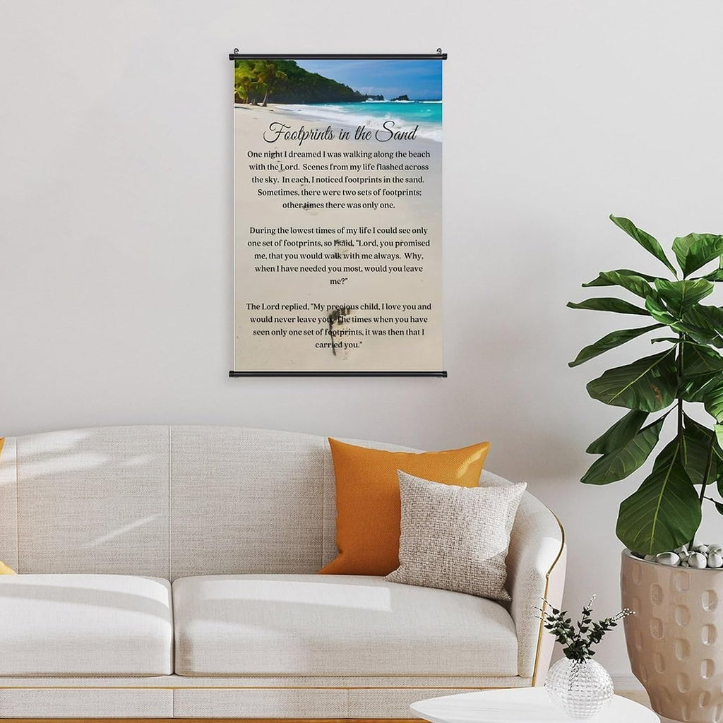 Footprints in the Sand Religious Canvas Wall Art Posters, Inspirational Beach Sunset Poem Print Poster (Black Axis 24x36inch, Footprints(4))