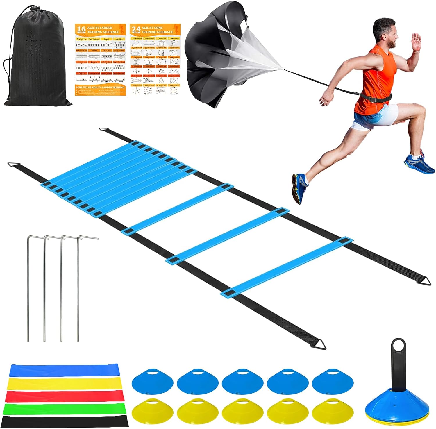 Hands Free Speed Agility Training Equipment Set - 20ft Agility Ladder, 10 Disc Cones, Resistance Parachute, 5 Resistance Bands & Carry Bag | Football Soccer Basketball Fitness Drills