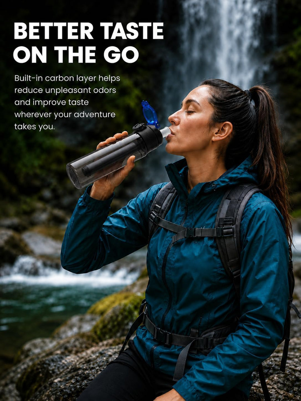 22oz Water Filter Bottle, Portable Outdoor Filtered Water Bottle with Multi-Layer Filtration, Improves Taste & Reduces Odor, BPA-Free Reusable Bottle for Hiking, Camping & Travel (Black)