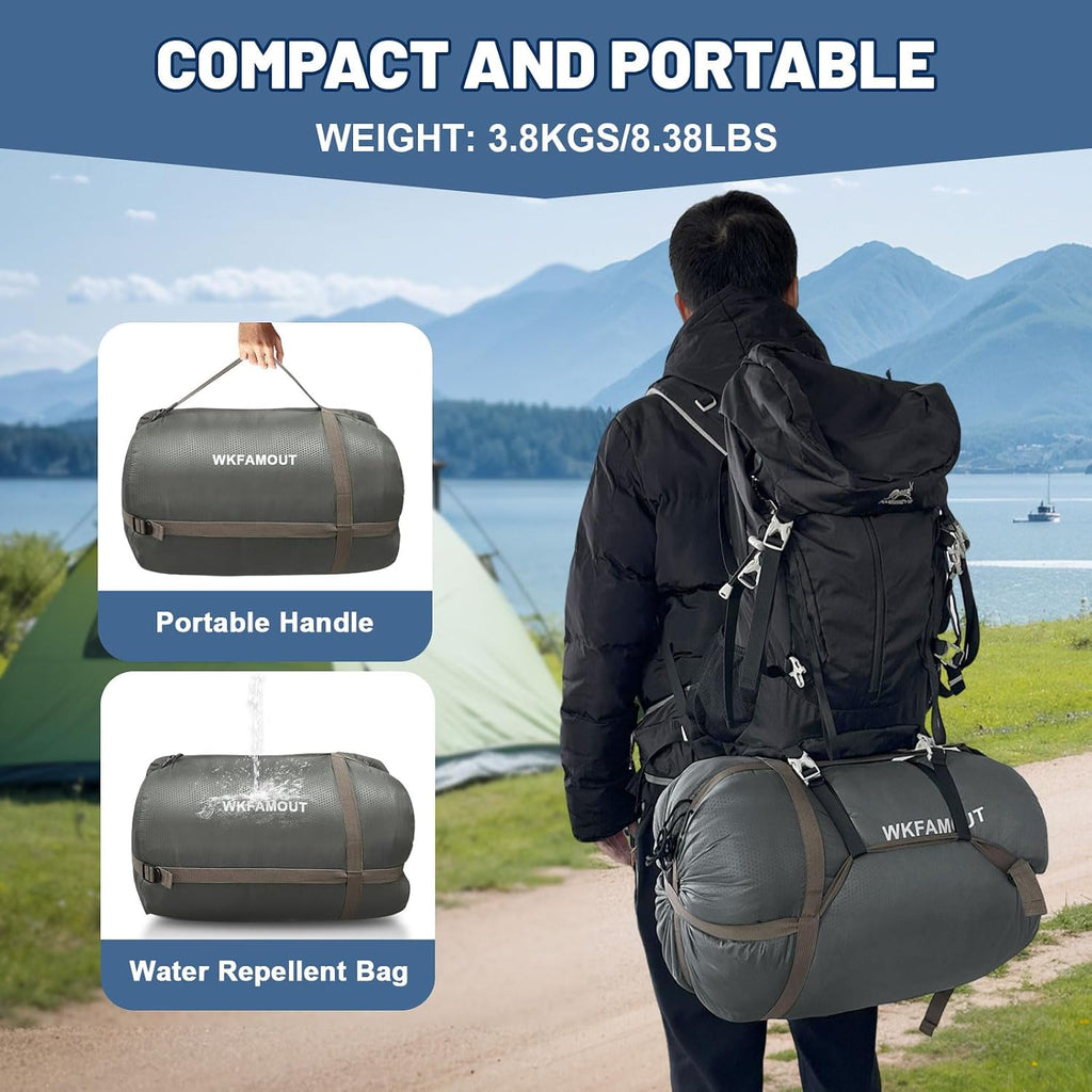 Double Sleeping Bag for Adults Machine Washable 2 Person Camping Sleeping Bag Queen Size Waterproof with Compression Sack for Cold Weather 3-4 Seasons