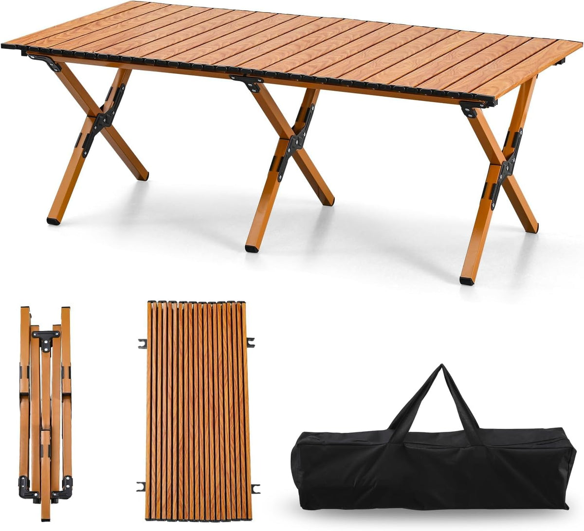 4Ft Aluminum Folding Camping Table, Portable Picnic Table, Outdoor Lightweight Collapsible Camp Table, Roll-up Camping Table for Beach,Party, Patio, BBQ, Travel, Backyard (Black Upgraded Version)