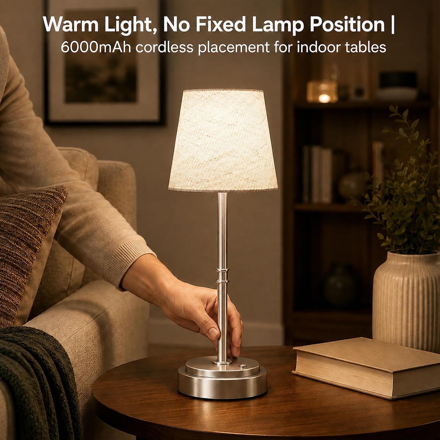 Rechargeable Cordless Table Lamp, Battery Operated Bedside Lamp, Silver