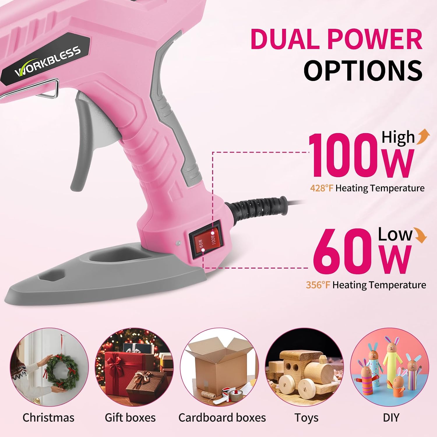 Hot Glue Gun Large 60W/100W Dual Temp W/Full Size Stick Set,Pink