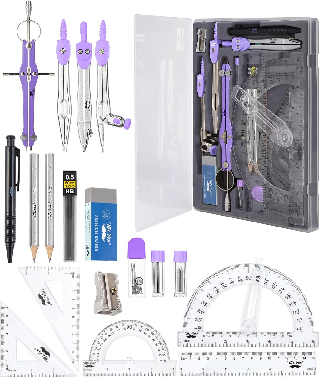 Mr. Pen- Geometry Set, 15 pcs, Purple, 6 Inch Swing Arm Protractor, Divider