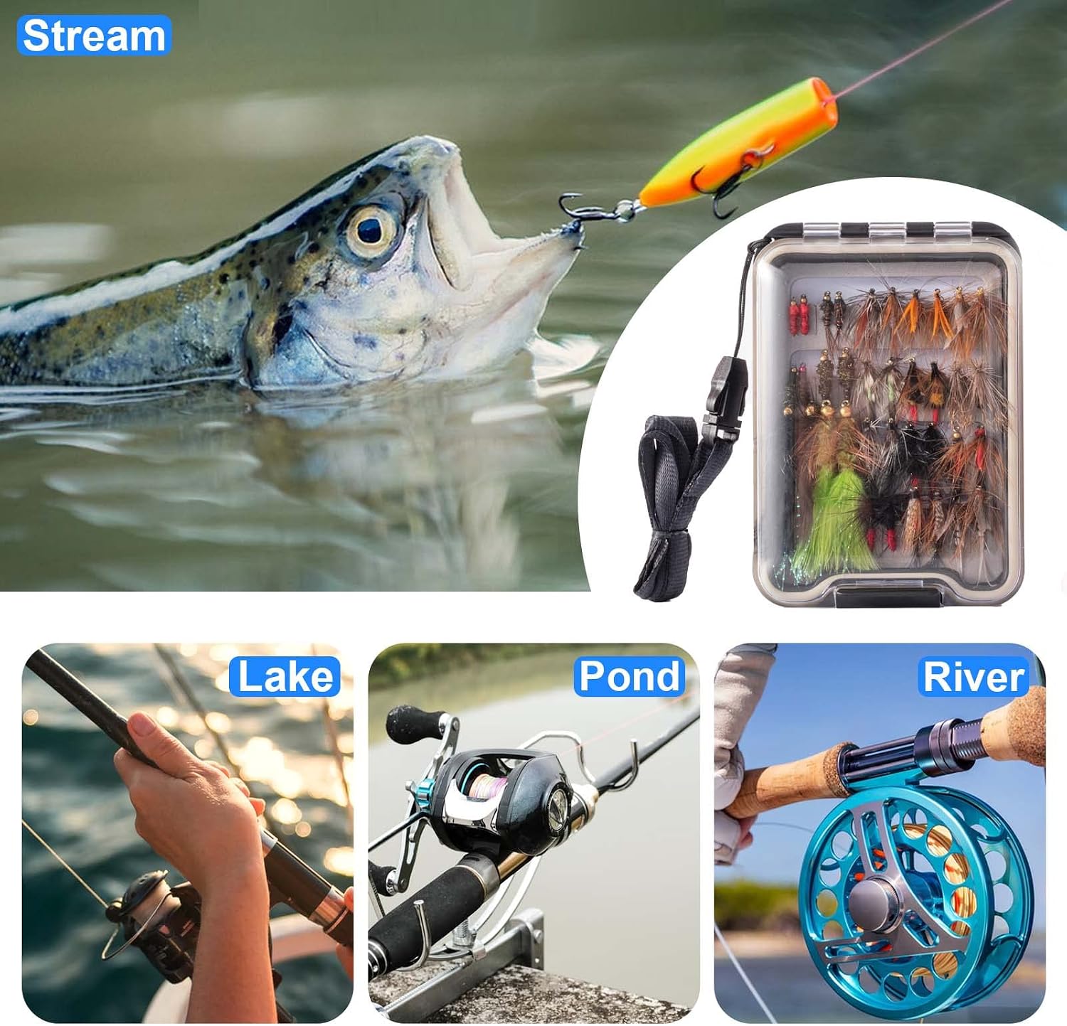 Hand-Tied Fly Fishing Flies Kit, Dry Wet Flies Nymphs Streamers Assortment for Trout & Bass with Waterproof Fly Box
