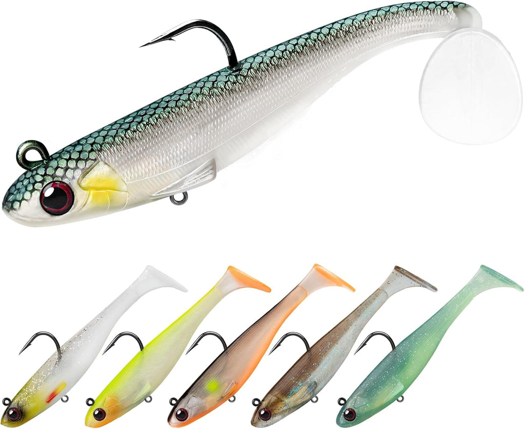 TRUSCEND Shadtale Easy Catch Soft Fishing Lures with BKK Hooks - Trembly Sinking and Vibrating Swim for More Bites, Pre-Rigged Swimbaits for Bass, Trout, Crappie, Walleye, Freshwater Saltwater Fishing
