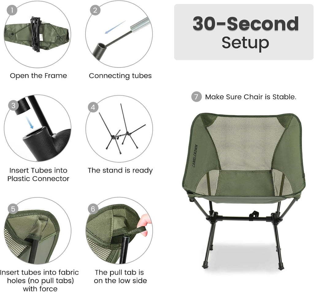 CAMEL CROWN Portable Camping Chair Lightweight Compact Folding Chair Mesh for Outdoor Camp Travel Beach Picnic Festival Hiking Backpacking Army Green 2 Pack