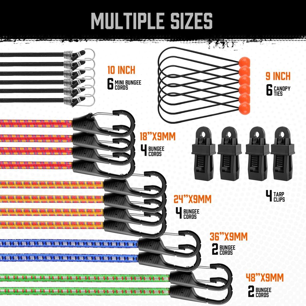 HORUSDY 28-Piece Premium Bungee Cords with Hooks, Includes 10”, 18”, 24”, 36”, 48”, Bungee Cord Assortment (10 to 48 Inch)