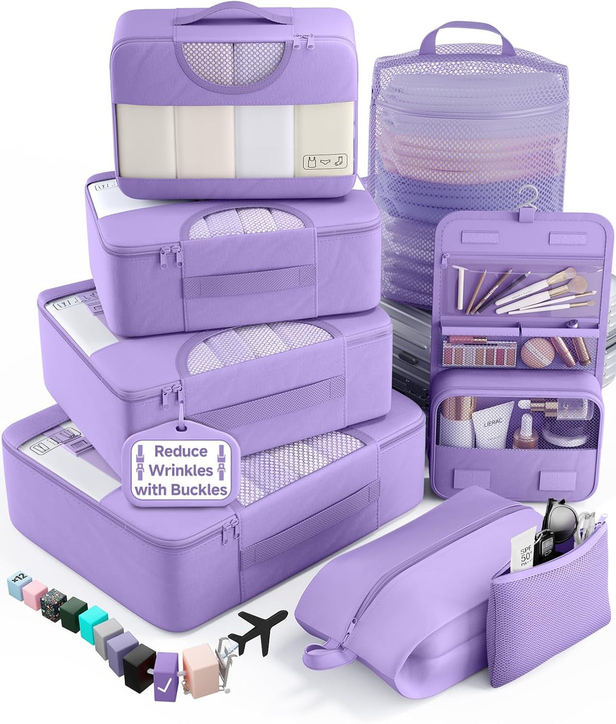 Veken 8 Set Packing Cubes for Travel Essentials,Anti-Wrinkle Buckled Suitcase Organizer for Shoe & Toiletry Bag,Carry On Luggage Bag with 99+ Count Mesh Holes for Airplane & College Dorm Accessories