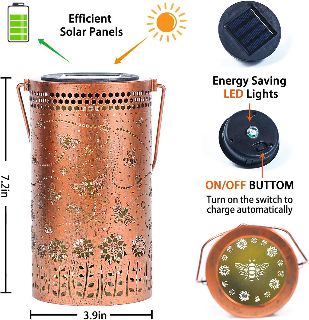 2 Pack Bee Outdoor Solar Hanging Lanterns Waterproof LED Solar Lights Metal Decorative Lanterns for Garden, Patio, Courtyard, Backyard, Yard Decor Unique Bee Gifts for Women Gardening