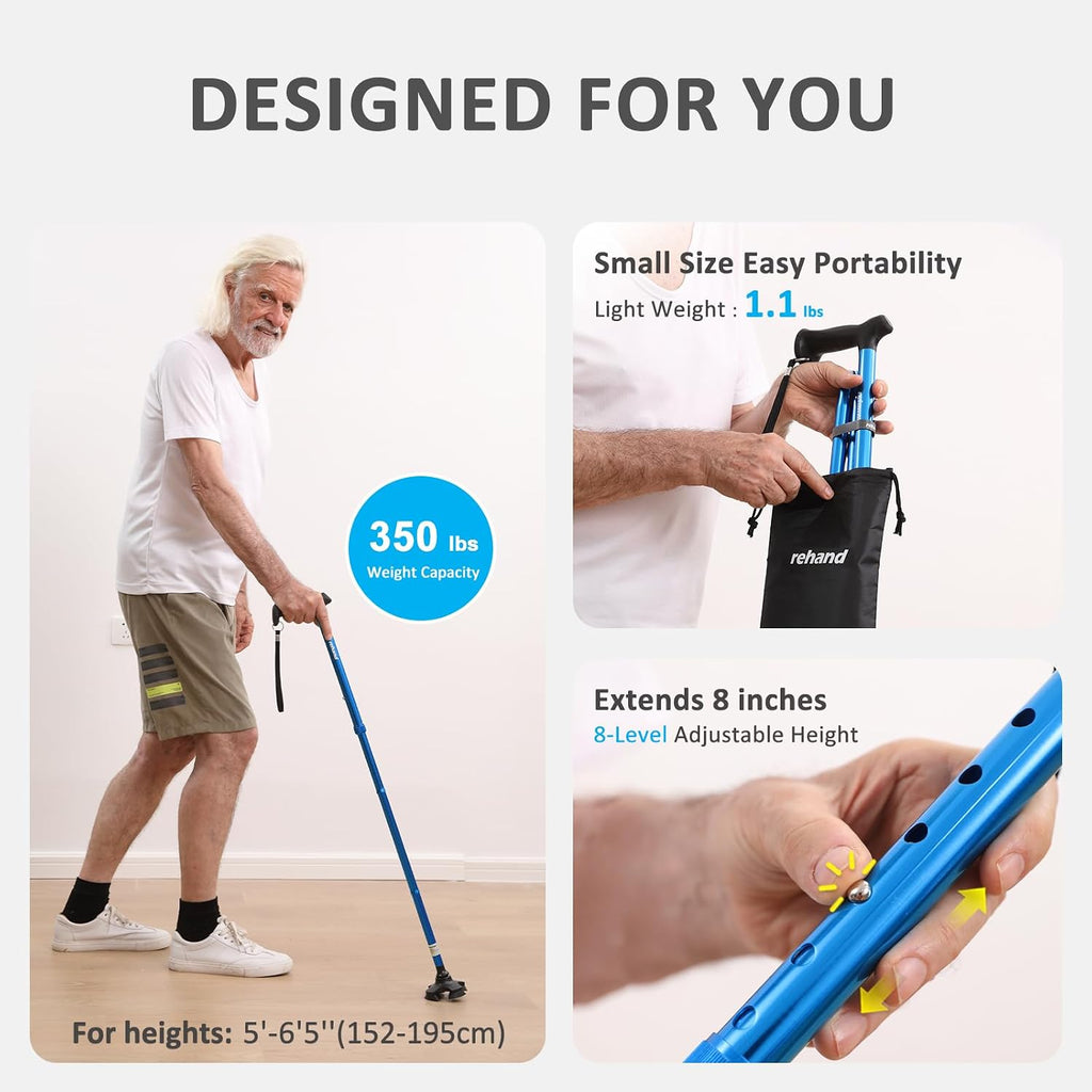REHAND Walking Cane for Men & Women - Foldable, Adjustable, Lightweight, Self Standing Pivot Walking Cane, Soft Handle Grip, with Travel Bag, Walking Sticks for Seniors & Adults