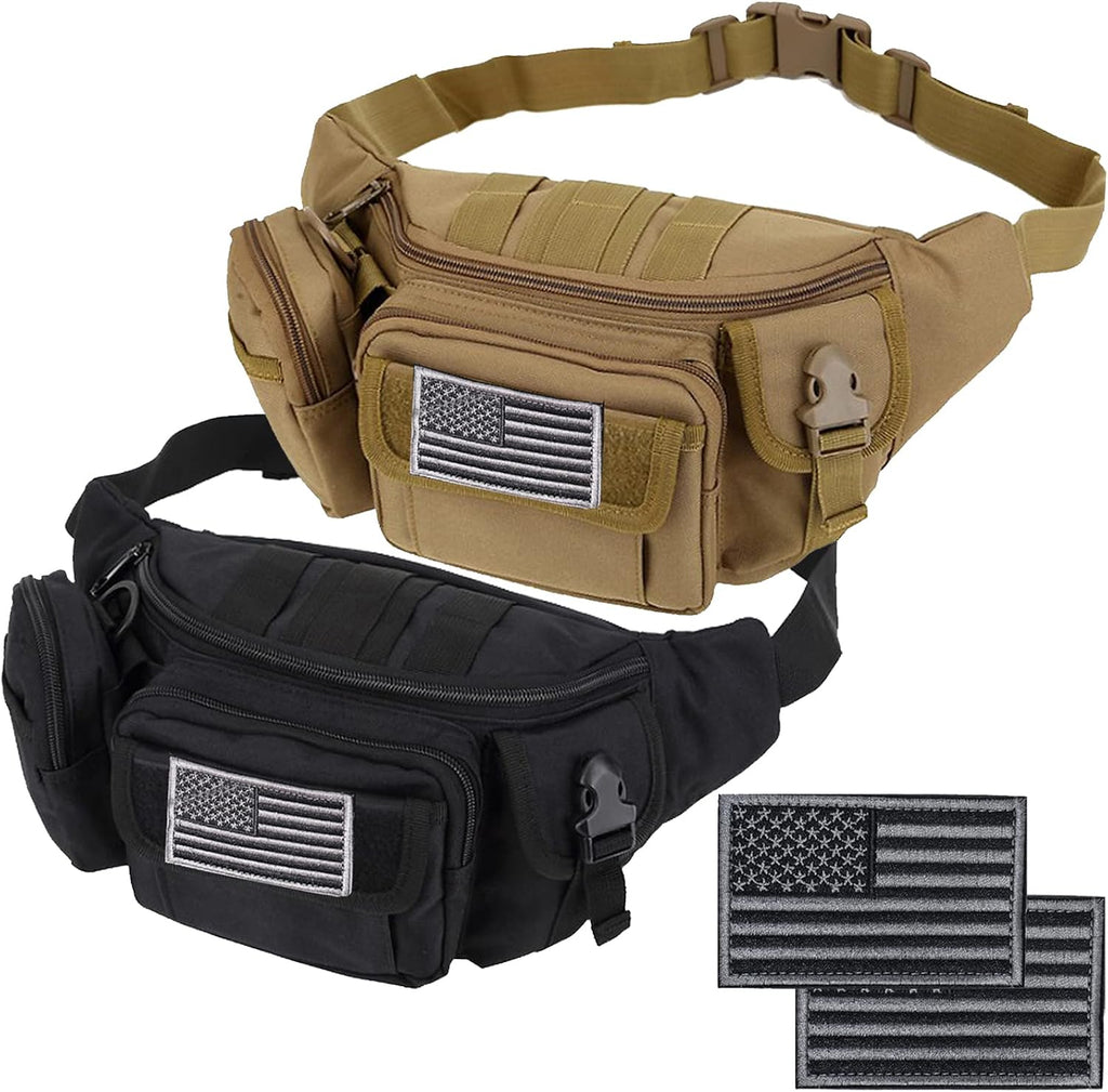 Tactical Fanny Packs, Military Waist Bag Utility Hip Belt Bags for Hiking Climbing Fishing Cycling Hunting with U.S Patch (Black)