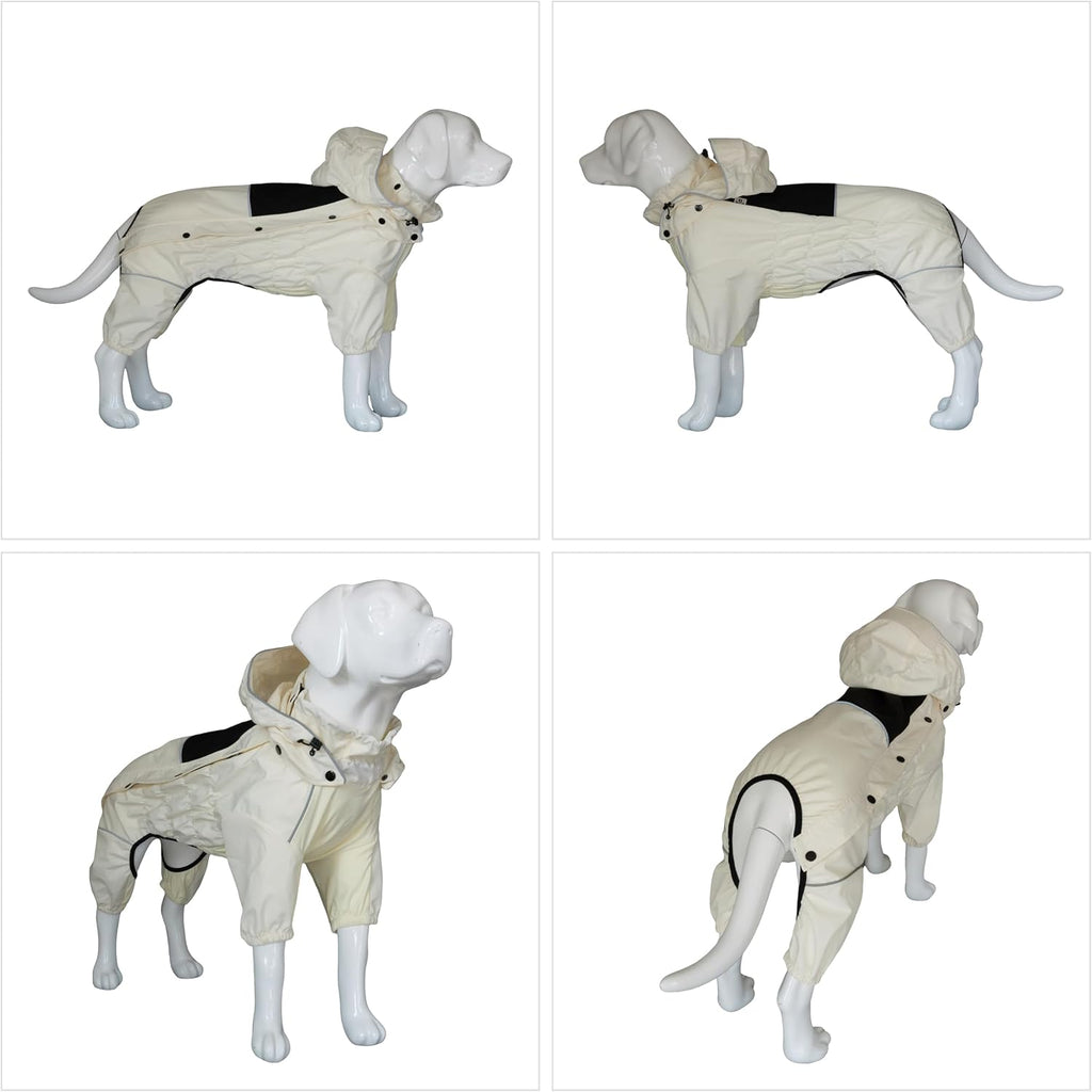 LOVELONGLONG Waterproof Dog Raincoat with Removable Hood – Outdoor Full Body Dog Jacket, Windproof Snowproof Shell Suit – All Season Pet Rain Gear Ivory 3XL