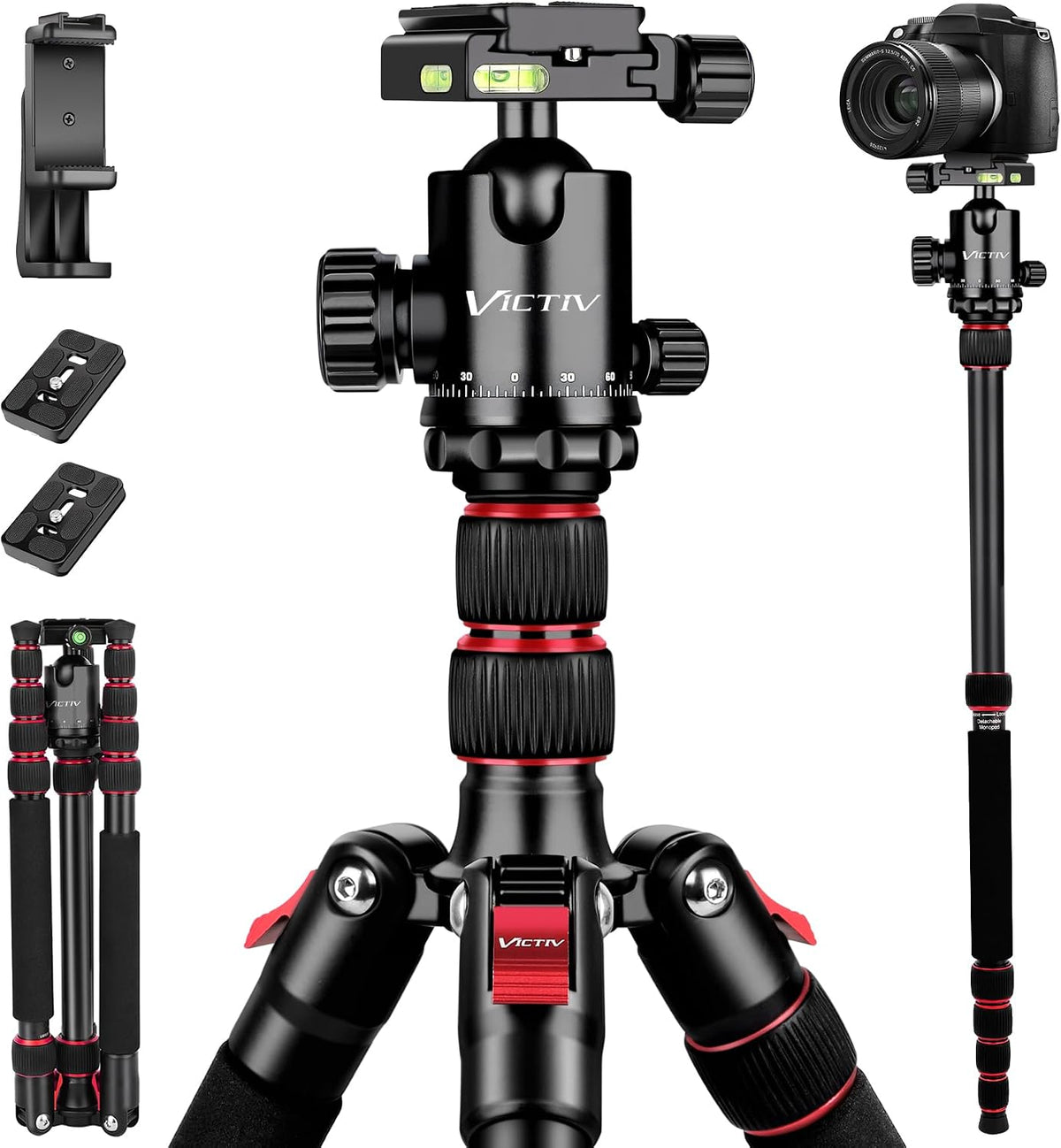 Victiv Camera Tripod, 80" Ball Head Tripod with Carry Bag & Phone Holder