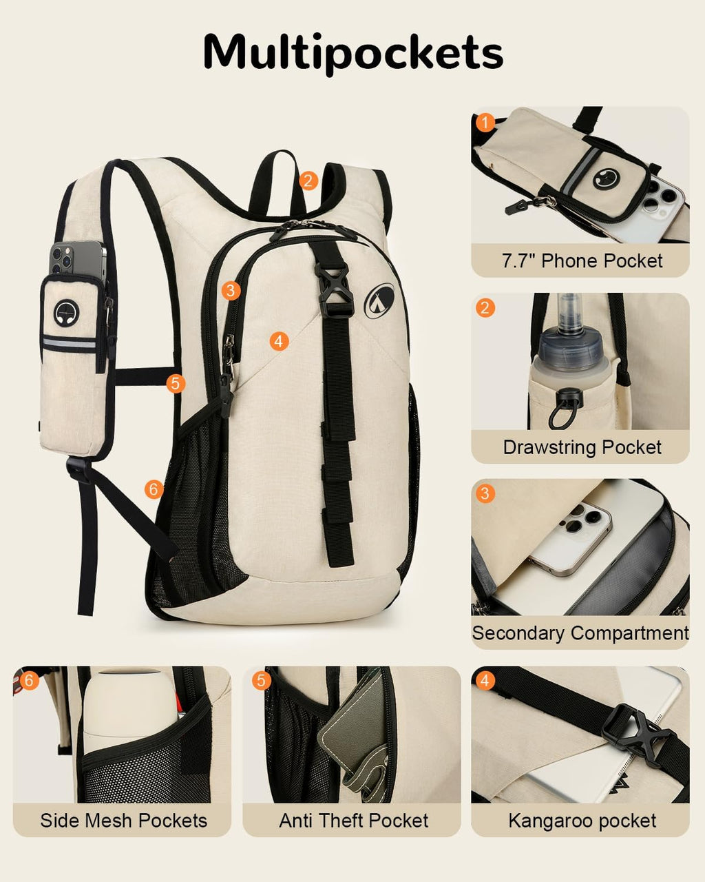 Folding Hiking Backpack with Phone Pocket for Men Women, Small Ultralight Packable Casual Daypack with Shoulder Chest Straps for Travel, 15L Foldable Lightweight Day Pack, Beige