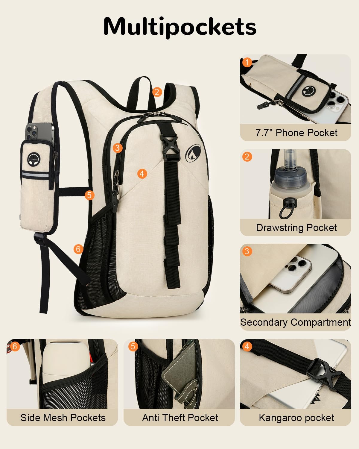 Folding Hiking Backpack with Phone Pocket for Men Women, Small Ultralight Packable Casual Daypack with Shoulder Chest Straps for Travel, 15L Foldable Lightweight Day Pack, Beige