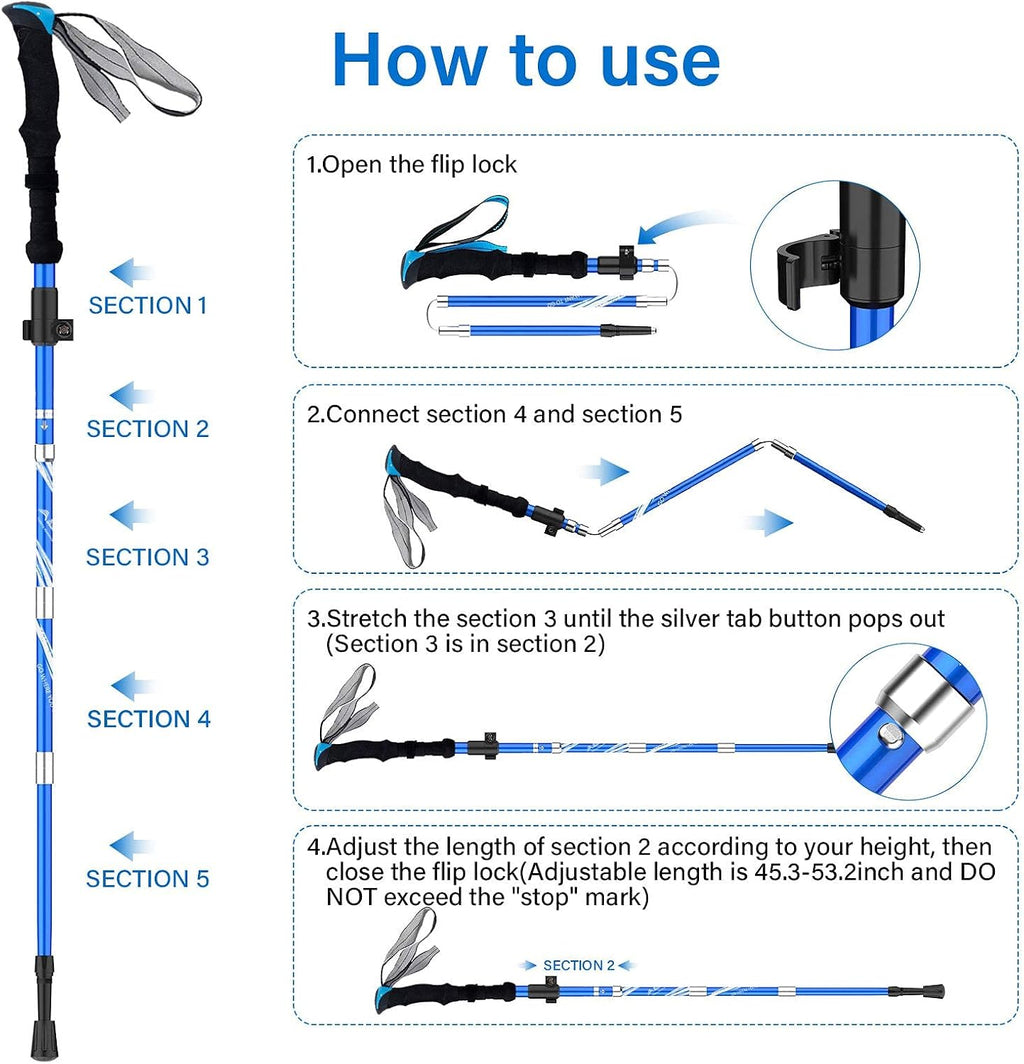 BISINNA Lightweight Collapsible Trekking Poles Folding Hiking Sticks | 2pc set,Aircraft-Grade Aluminum ,Quick Lock System ,EVA grip Telescopic Adjustable Walking Stickls for Men Women Seniors